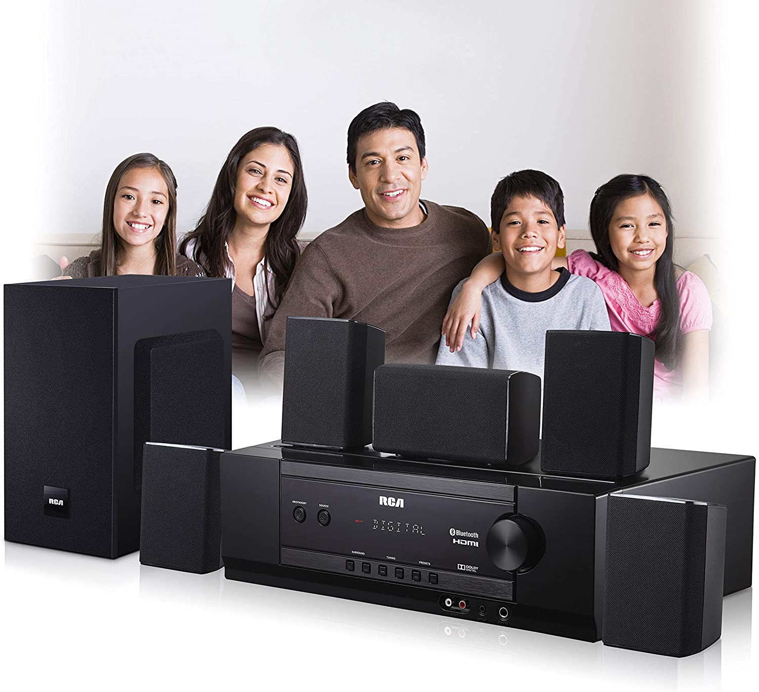 RCA (RT2781HB U) 1000-Watt Audio Receiver Home Theater System - Digital 5.1 Surround Sound & AM/FM Tuner, (Bluetooth and USB Playback) RCA (RT2781HB U) 1000-Watt Audio Receiver Home Theater System - Digital 5.1 Surround Sound & AM/FM Tuner, (Bluetooth and USB Playback)